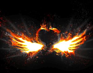 Heart with wings captured by a flame